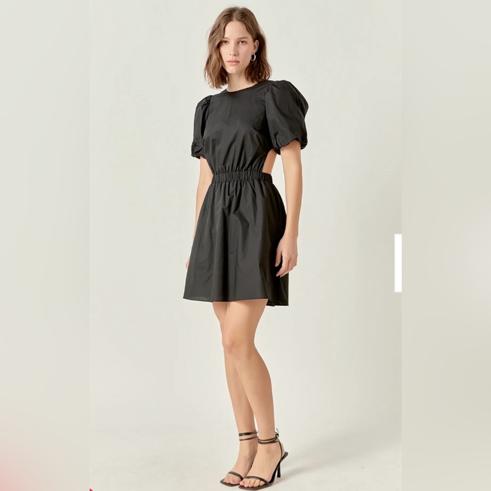 English‎ Factory Black Puff Sleeve Mini Dress CUT-OUT POPLIN MINI DRESS size L
